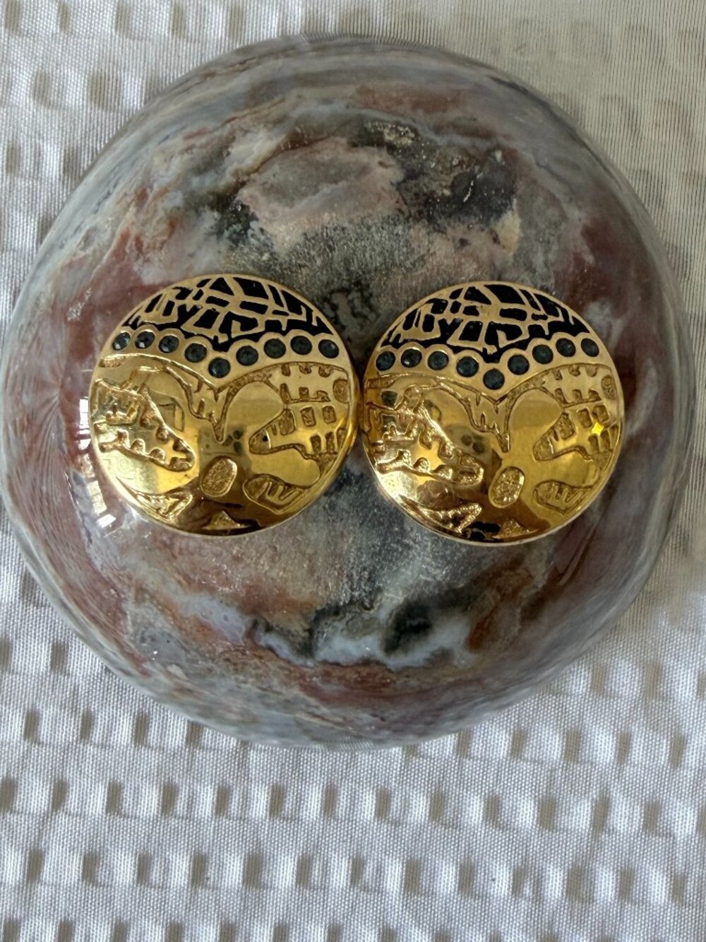 Gold-Tone Round Floral Filigree Clip Earrings with Blue Accents - Lanvin Germany